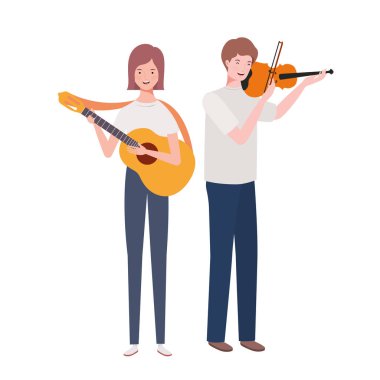 beyaz arka plan üzerinde müzik aletleri ile insanların çift