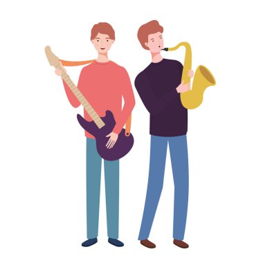 beyaz arka plan üzerinde müzik aletleri ile erkekler