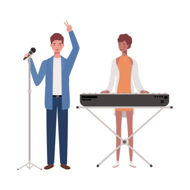 beyaz arka plan üzerinde müzik aletleri ile insanların çift