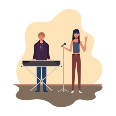 oturma odasında müzik aletleri ile insanların çift