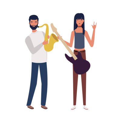 beyaz arka plan üzerinde müzik aletleri ile insanların çift