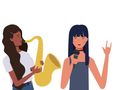 beyaz arka plan üzerinde müzik aletleri ile insanların çift