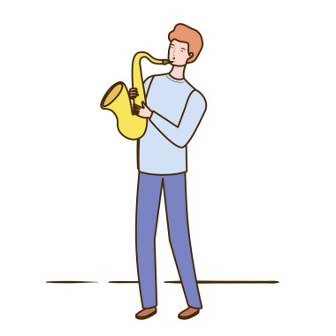 beyaz arka plan üzerinde saksafon ile genç adam