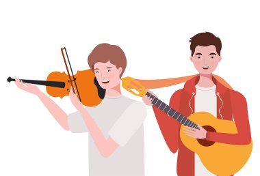 beyaz arka plan üzerinde müzik aletleri ile erkekler