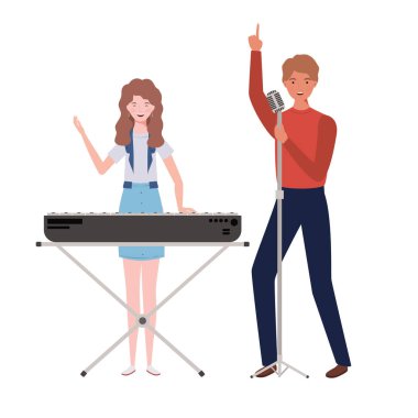 beyaz arka plan üzerinde müzik aletleri ile insanların çift