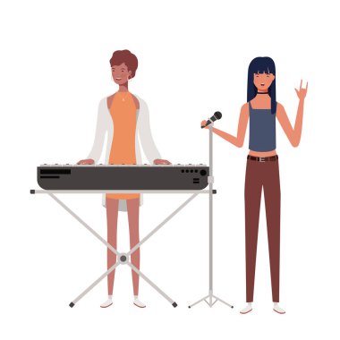 beyaz arka plan üzerinde müzik aletleri ile kadınlar