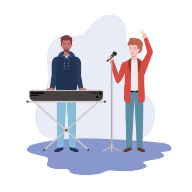 beyaz arka plan üzerinde müzik aletleri ile erkekler