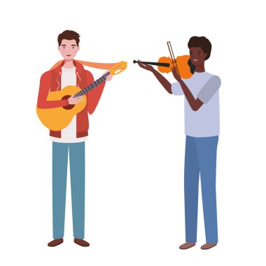 beyaz arka plan üzerinde müzik aletleri ile erkekler