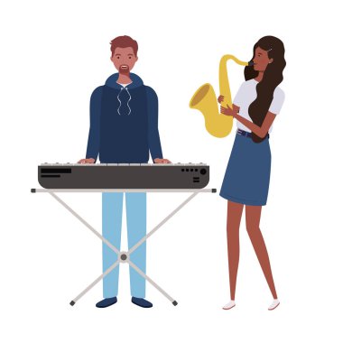 beyaz arka plan üzerinde müzik aletleri ile insanların çift