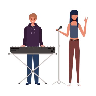 beyaz arka plan üzerinde müzik aletleri ile insanların çift