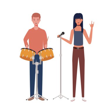 beyaz arka plan üzerinde müzik aletleri ile insanların çift