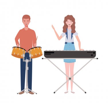 beyaz arka plan üzerinde müzik aletleri ile insanların çift