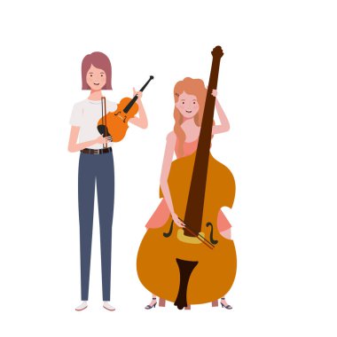 beyaz arka plan üzerinde müzik aletleri ile kadınlar