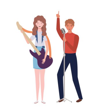 beyaz arka plan üzerinde müzik aletleri ile insanların çift