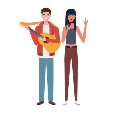 beyaz arka plan üzerinde müzik aletleri ile insanların çift