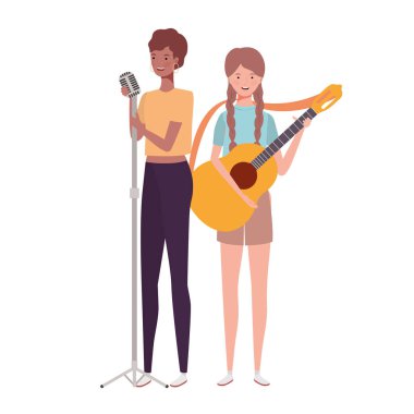 beyaz arka plan üzerinde müzik aletleri ile kadınlar