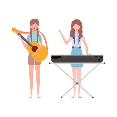 beyaz arka plan üzerinde müzik aletleri ile kadınlar