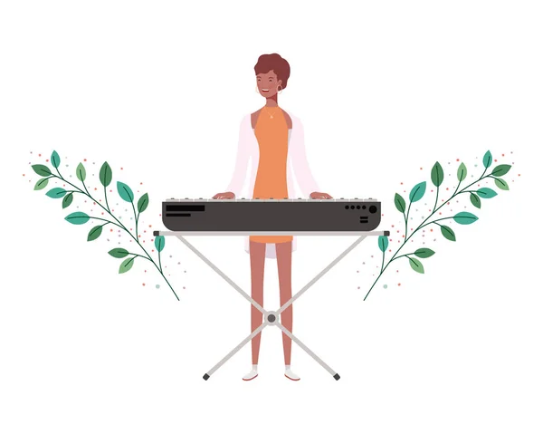 Donna con tastiera per pianoforte e rami e foglie sullo sfondo — Vettoriale Stock