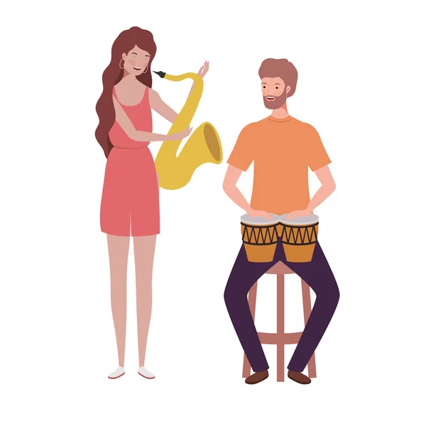 Couple of people with musicals instruments on white background — Stock Vector