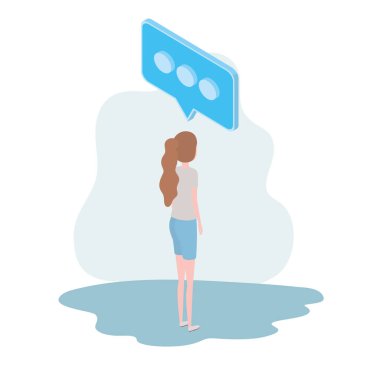 beyaz arka plan üzerinde konuşma balonu ile arka konumda kadın