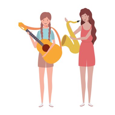 beyaz arka plan üzerinde müzik aletleri ile kadınlar