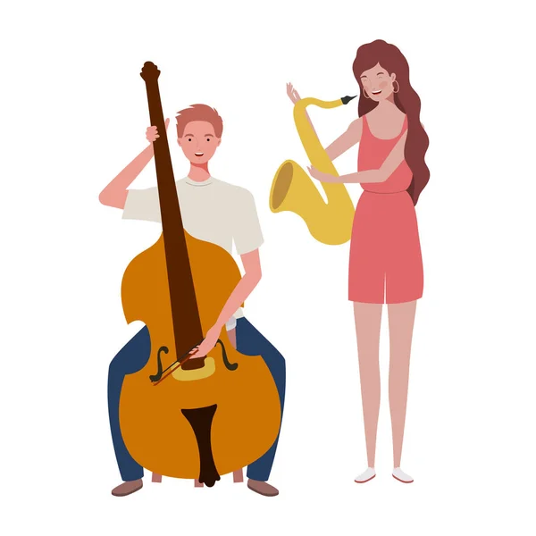 Couple de personnes avec des instruments de musique sur fond blanc — Image vectorielle