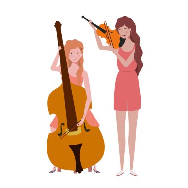 beyaz arka plan üzerinde müzik aletleri ile kadınlar