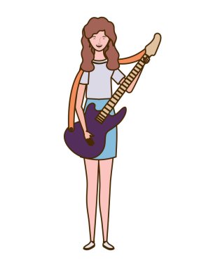 beyaz arka plan üzerinde elektrik gitar ile genç kadın