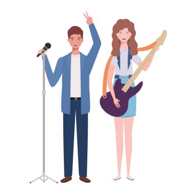 beyaz arka plan üzerinde müzik aletleri ile insanların çift