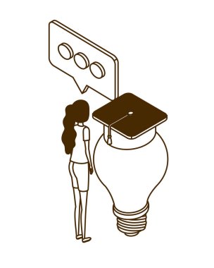 beyaz arka plan üzerinde ampul ve mezuniyet şapka ile kadın
