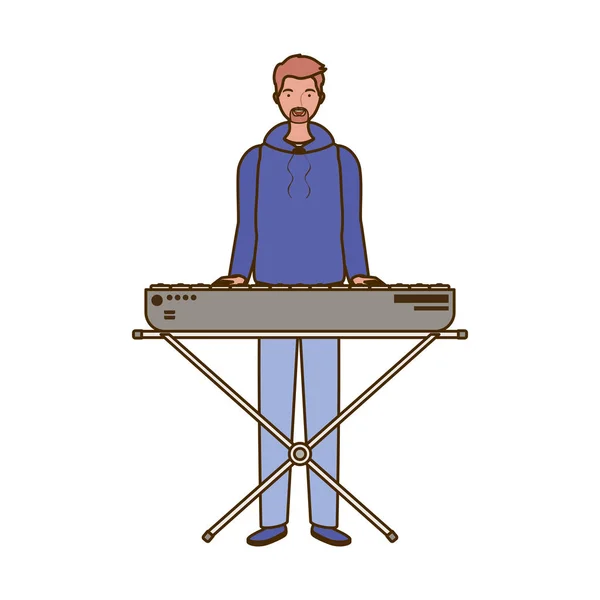 Young man with piano keyboard on white background — Stock Vector