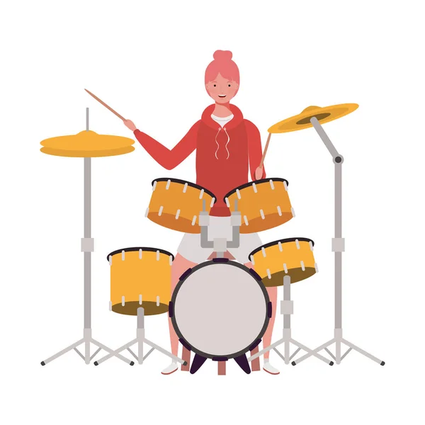 Young woman with drum kit on white background — Stock Vector