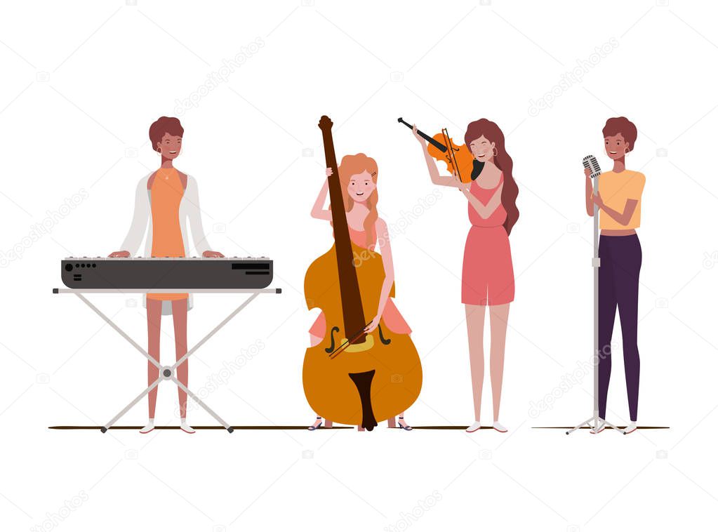 women with musicals instruments on white background