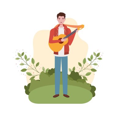 akustik gitar ve dalları ile adam ve arka planda bırakır