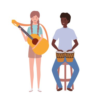 beyaz arka plan üzerinde müzik aletleri ile insanların çift