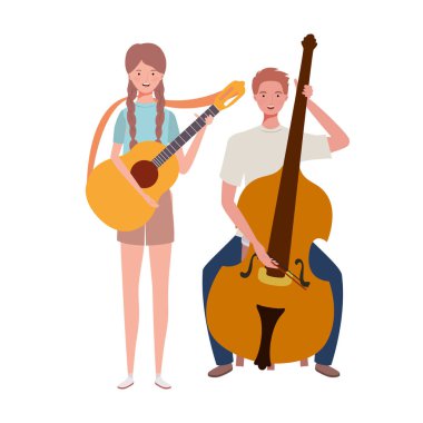 beyaz arka plan üzerinde müzik aletleri ile insanların çift