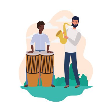 müzik aletleri ve arka plan manzara ile erkekler