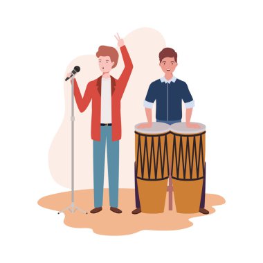 beyaz arka plan üzerinde müzik aletleri ile erkekler