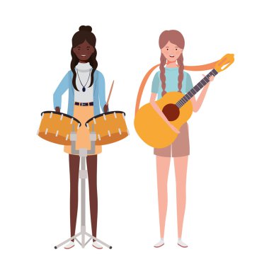 beyaz arka plan üzerinde müzik aletleri ile kadınlar