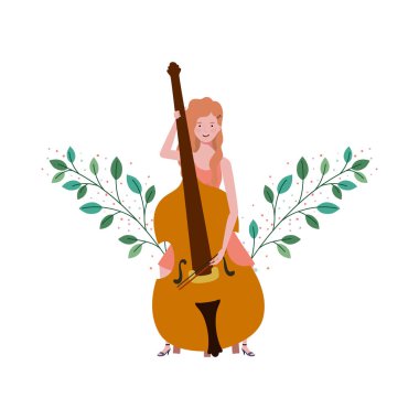 keman ve dalları ve arka planda yaprakları ile kadın