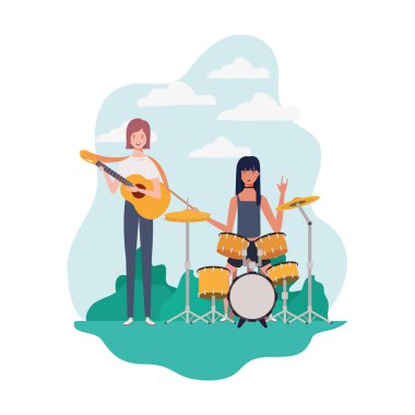 müzik aletleri ve arka plan manzara ile kadınlar