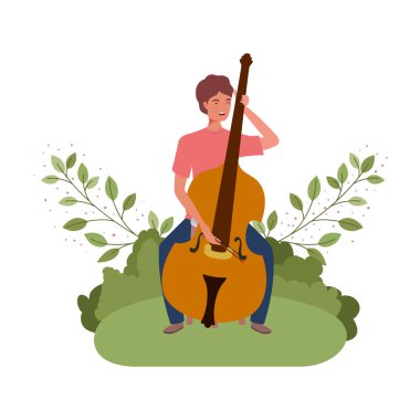 keman ve dalları ve arka planda yaprakları ile adam