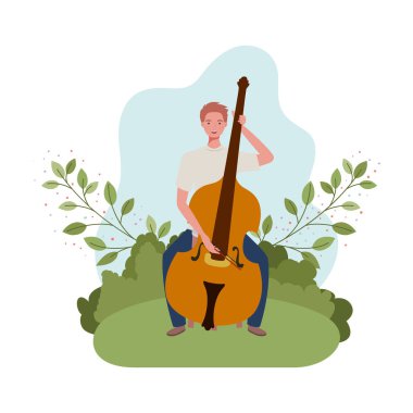 keman ve dalları ve arka planda yaprakları ile adam