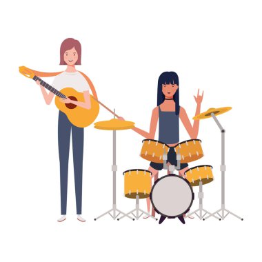 beyaz arka plan üzerinde müzik aletleri ile kadınlar