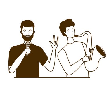 beyaz arka plan üzerinde müzik aletleri ile erkeklerin silueti