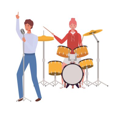 beyaz arka plan üzerinde müzik aletleri ile insanların çift