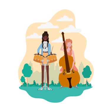 müzik aletleri ve arka plan manzara ile kadınlar