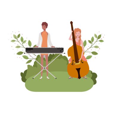 müzik aletleri ve arka plan manzara ile kadınlar