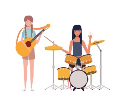 beyaz arka plan üzerinde müzik aletleri ile kadınlar