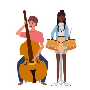 beyaz arka plan üzerinde müzik aletleri ile insanların çift